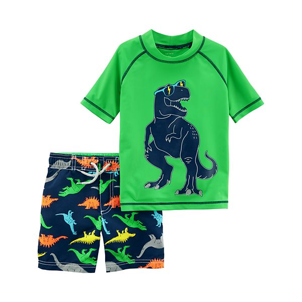 Volunboy Boys Dinosaur Swimsuits One Piece Kids Short Sleeve Rash Guard Swim Trunks Set 2 Piece Sunsuit Swimwear