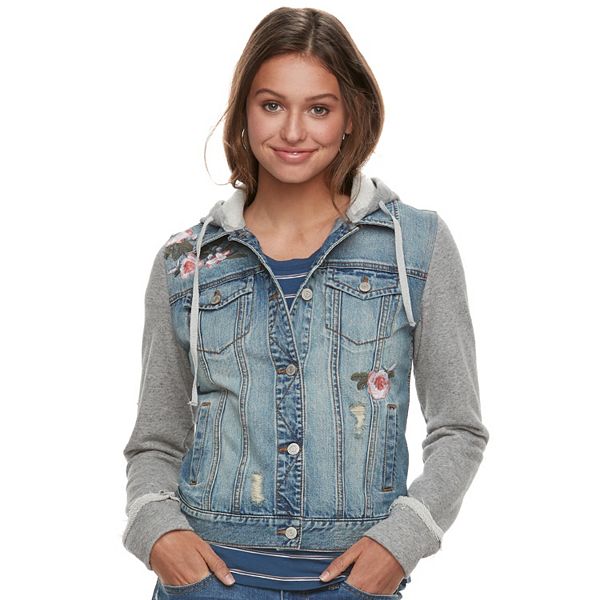 Juniors' Mudd® Floral Knit-Sleeve Denim Jacket