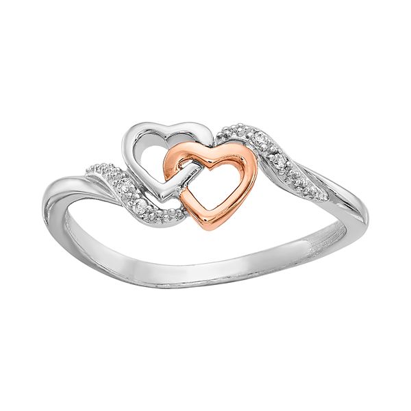 Size 8 Two Tone Sterling Silver Diamond Double Heart Ring .03 Ctw