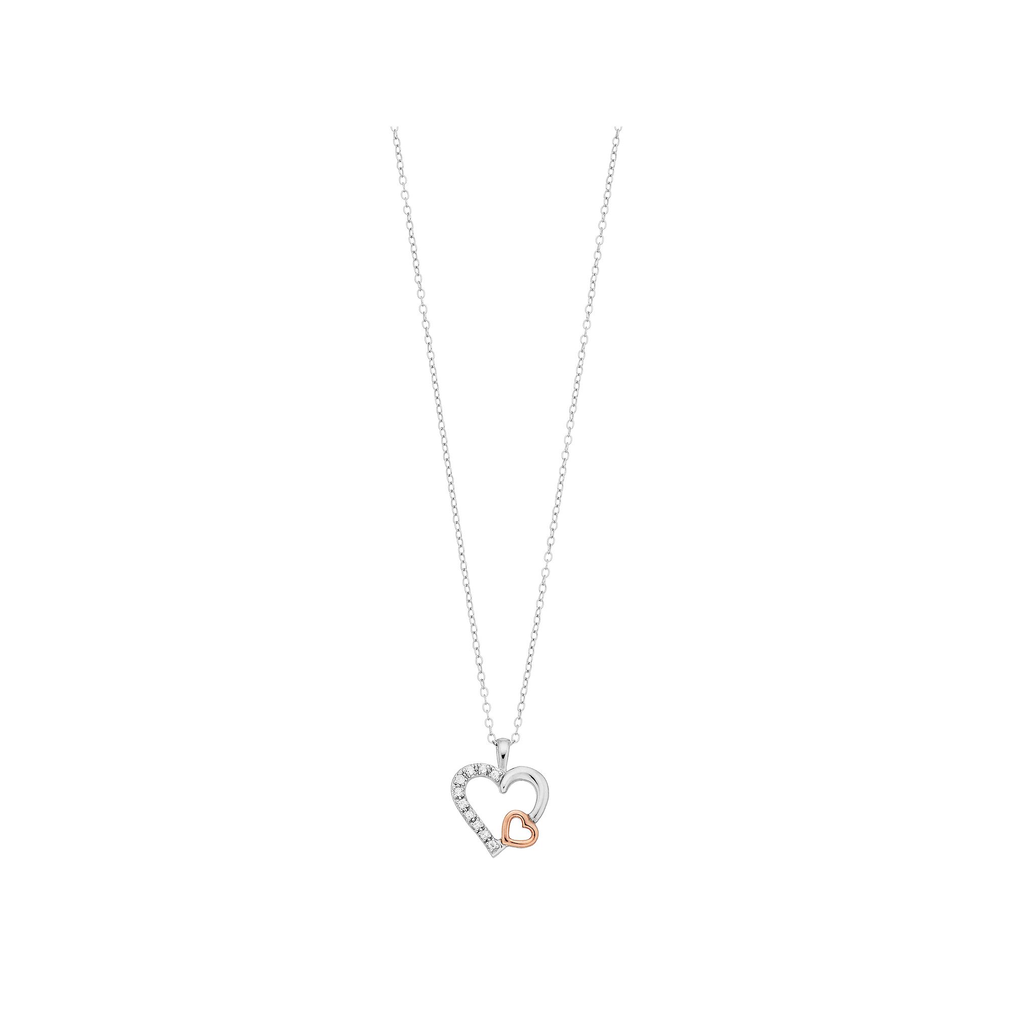 Two Tone 10k Rose Gold Over Silver White Topaz Dual Heart Pendant, Womens
