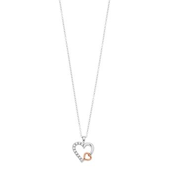 Two Tone 10k Rose Gold Over Silver White Topaz Dual Heart Pendant