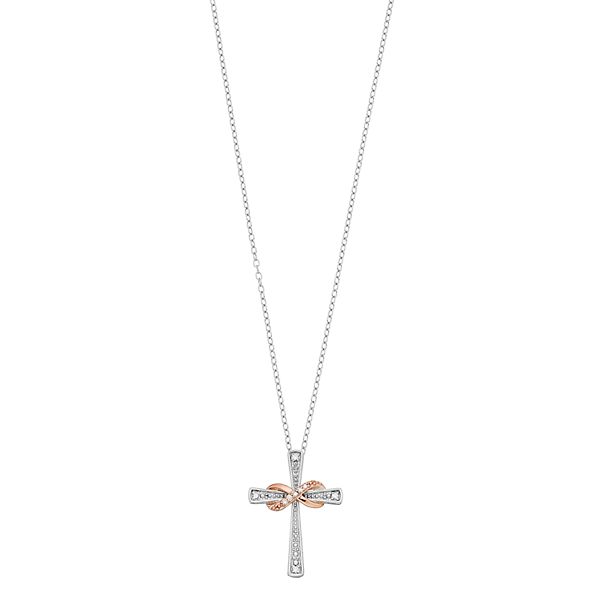 Two Tone 10k Rose Gold Over Silver Diamond Accent Infinity & Cross Pendant