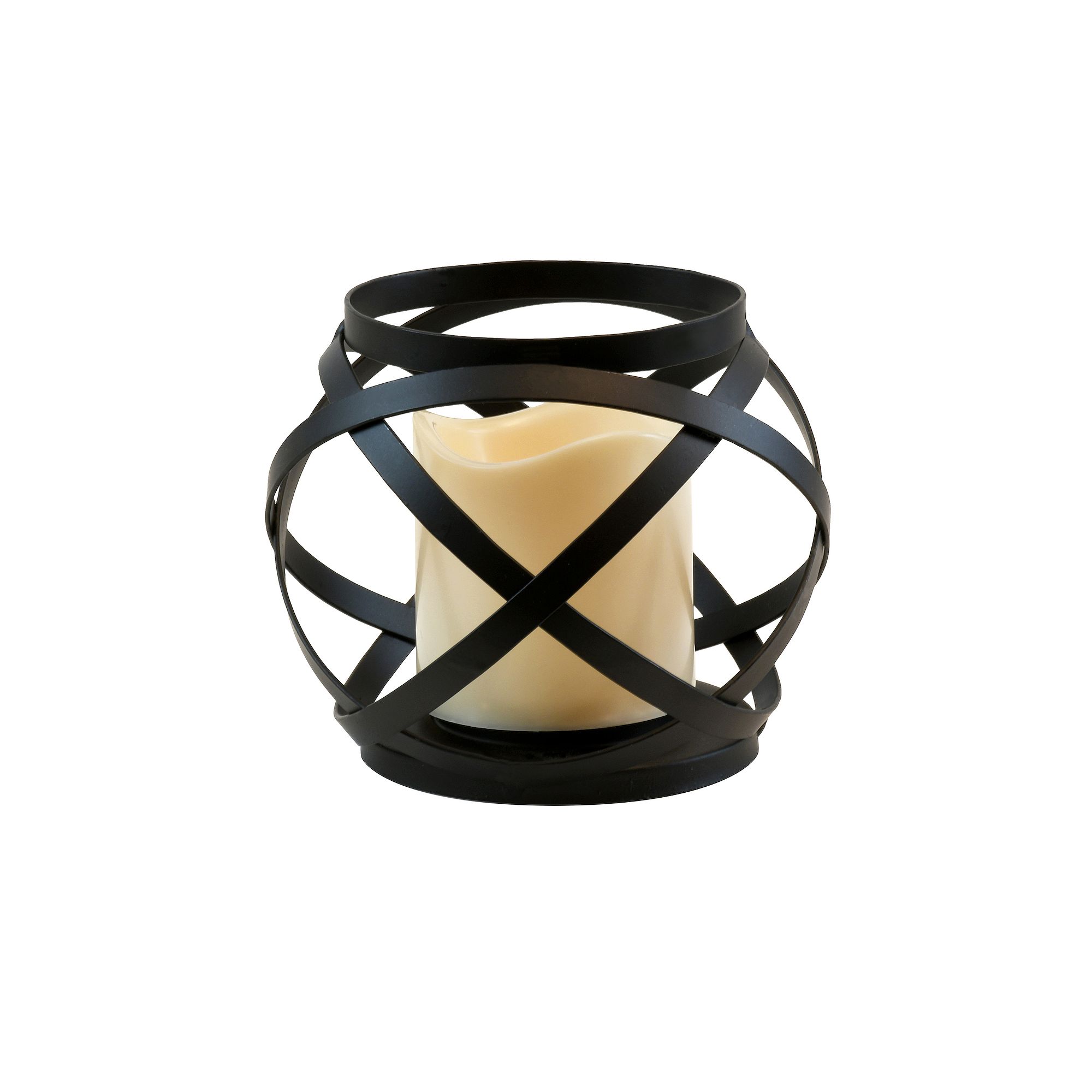 LumaBase Black Banded Metal Lantern with Battery Operated Candle