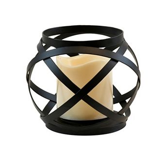 LumaBase Black Banded Metal Lantern with Battery Operated Candle