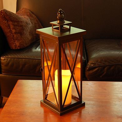 LumaBase Metal Warm Amber Lantern & LED Candle 2-piece Set