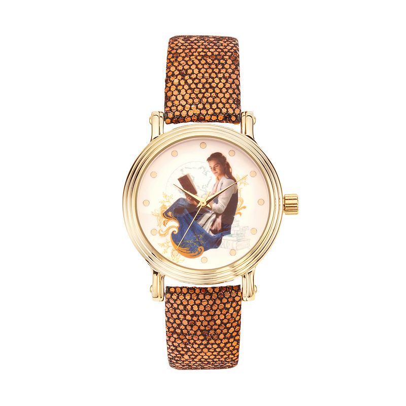 Disney's Beauty and the Beast Princess Belle Women's Sequin Leather Watch, Size: Medium, Yellow
