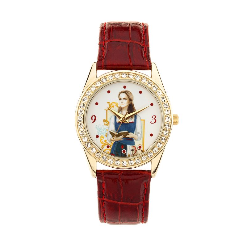 Disney's Beauty and the Beast Princess Belle Women's Crystal Leather Watch, Size: Small, Red