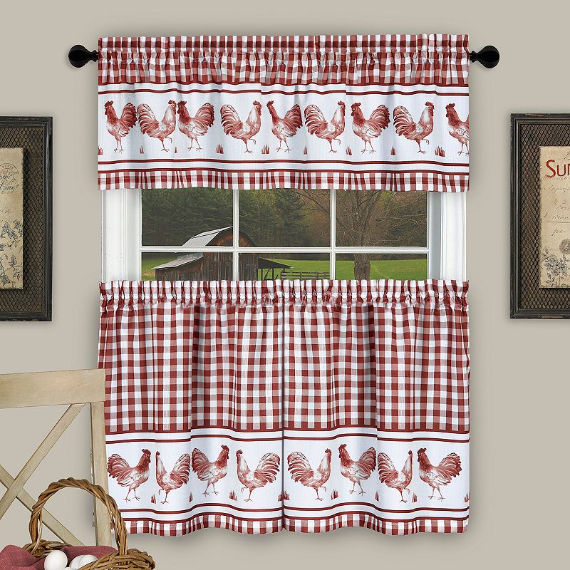 Achim Barnyard Rooster Plaid Tier & Valance Kitchen Curtain Set, Multicolor
