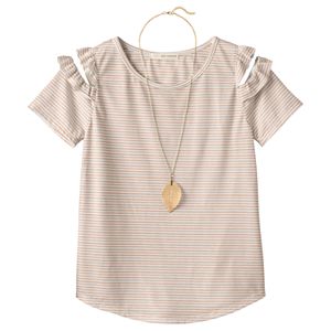 Girls Plus Size Self Esteem Patterned Cold Shoulder Top with Necklace