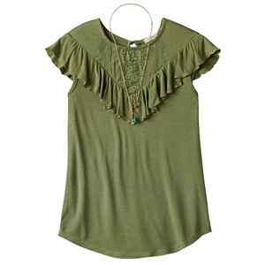 Girls Plus Size Self Esteem Crochet Lace Flounce Overlay Top with Necklace