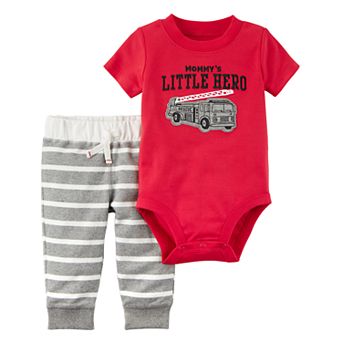 Baby Boy Carter's "Mommy's Little Hero" Fire Engine Bodysuit & Striped French Terry Pants Set