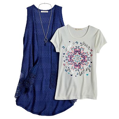 Girls 7-16 Self Esteem Lace Duster & Graphic Tee Set with Necklace