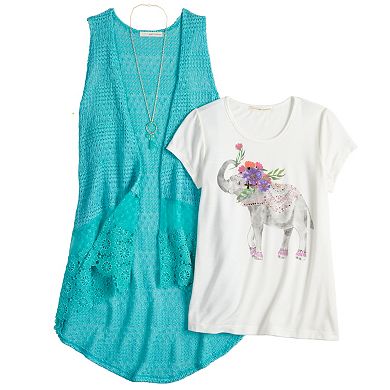 Girls 7-16 Self Esteem Lace Duster & Graphic Tee Set with Necklace