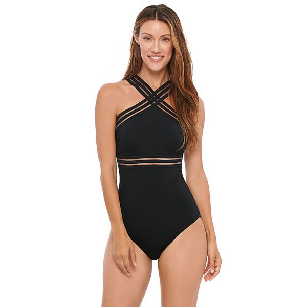 Women S Apt 9 High Neck Sheer Stripe One Piece Swimsuit