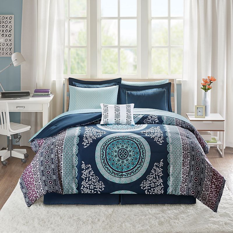 9pc Queen Blaire Comforter and Sheet Set Navy: Intelligent Design, Microfiber, Quilted, OEKO-TEX Certified
