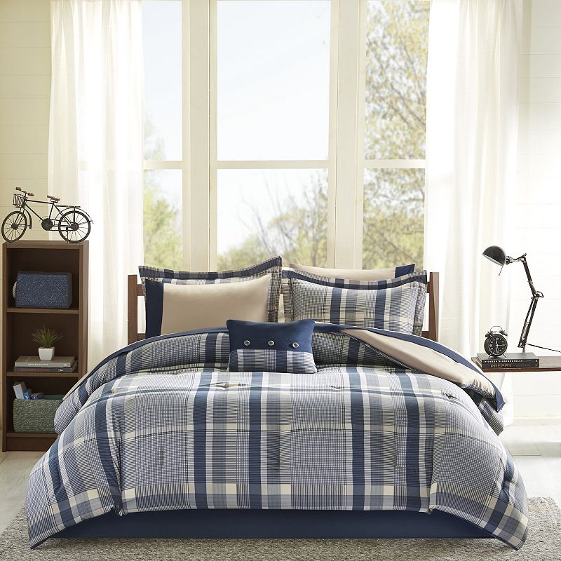 Intelligent Design Roger Plaid Comforter Set with Sheets, Blue, Queen