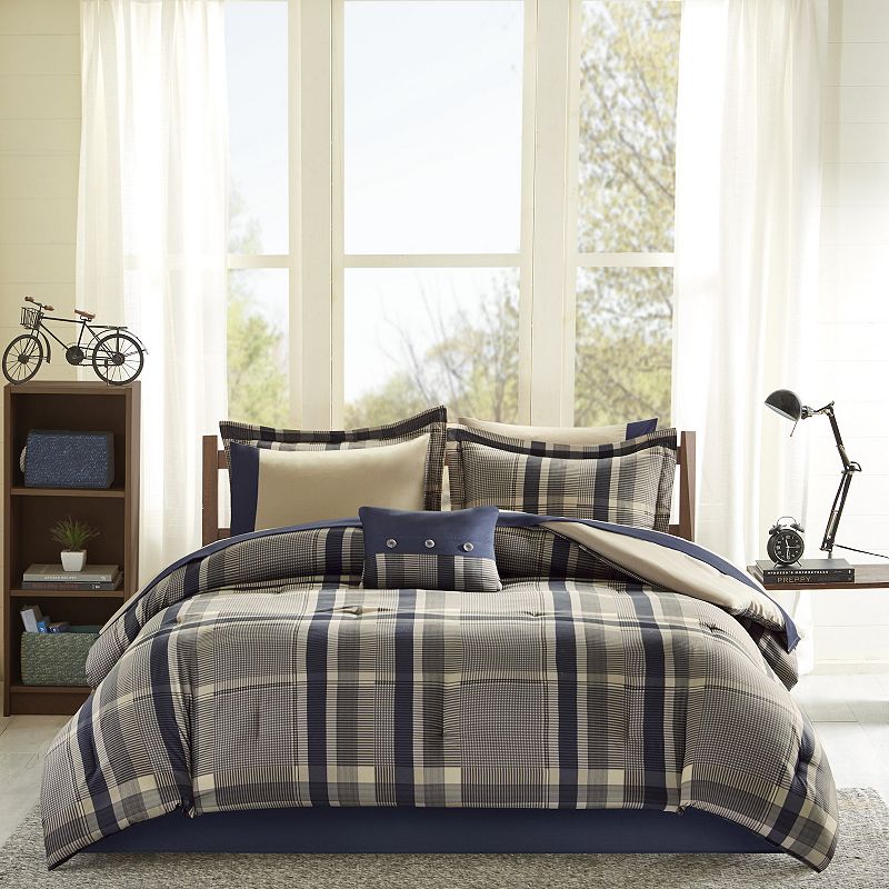Intelligent Design Twin Rick Plaid Print Antimicrobial Comforter Set with Bed Sheet Navy: Microfiber, Hypoallergenic, OEKO-TEX Certified