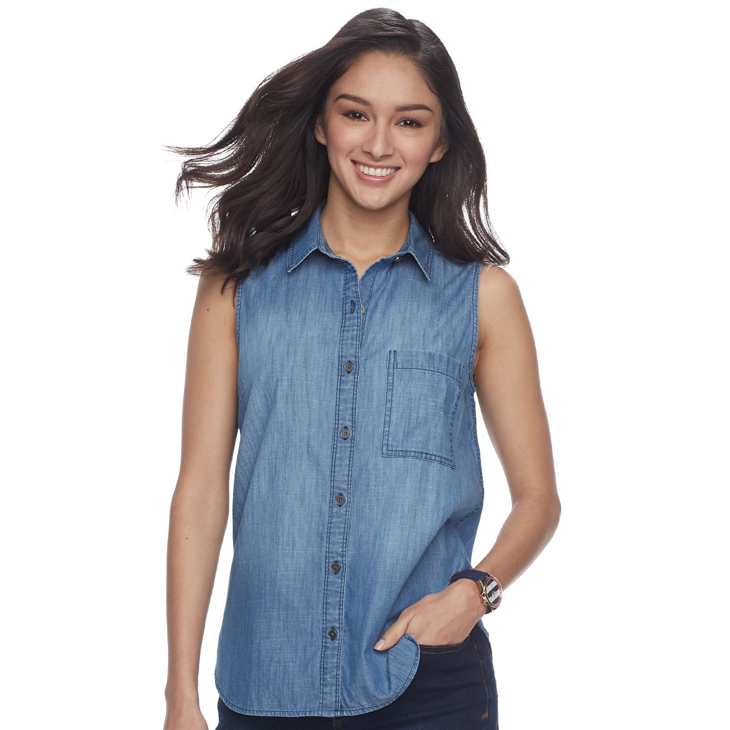 sleeveless denim button down shirt