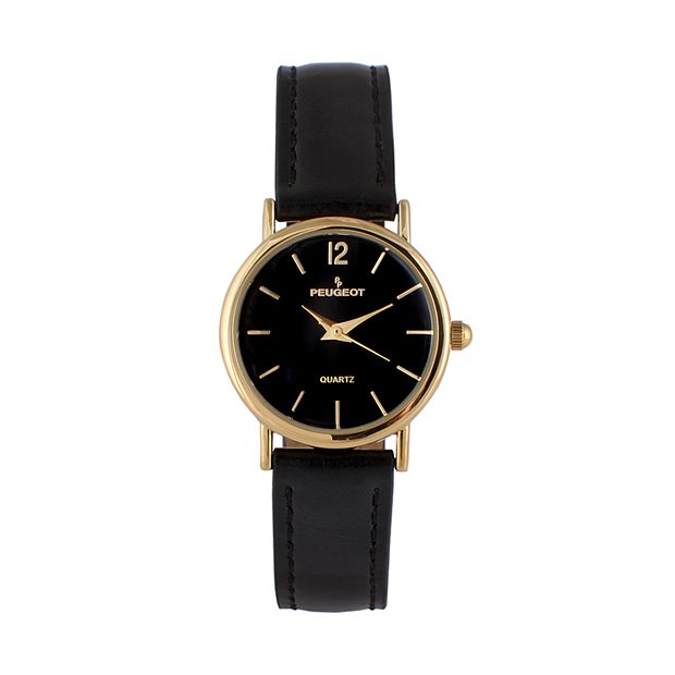 Peugeot Women's 3055BK Gold Tone Classic Black Leather Watch