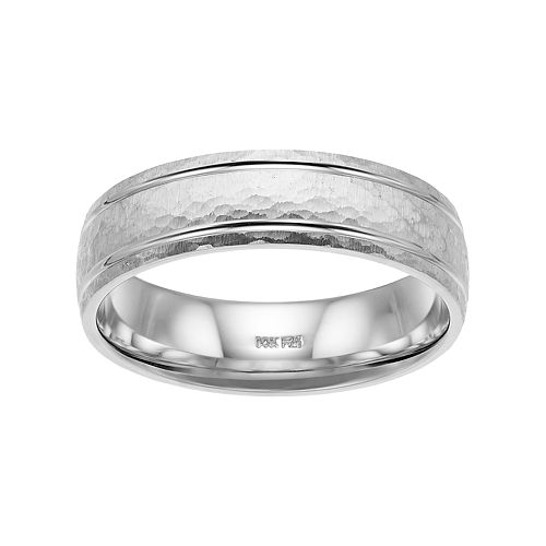 Men s 14k White  Gold  Hammered Wedding  Band 