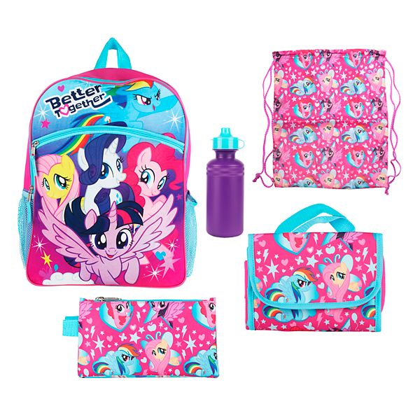 4 Piece Backpack Set MLP Lunch Bag My Little Pony Includes 16 Inch Backpack BPA Free Water Bottle and Cinch Bag