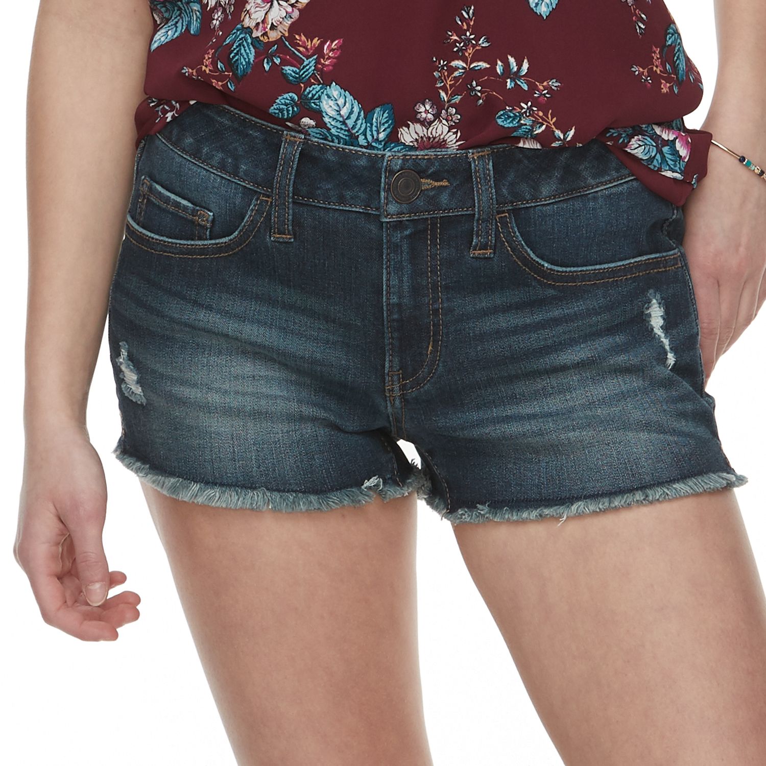 low rise frayed denim shorts