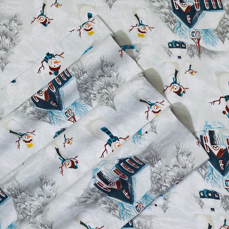Tribeca Living Printed Flannel Extra Deep Pocket Sheet Set or Pillowcase Pair, Blue Snowmen