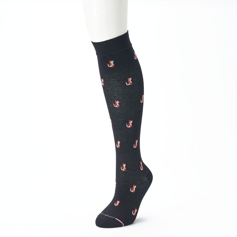 Womens Dr. Motion Knee-High Cat Print Compression Socks, Size: 9-11, Black