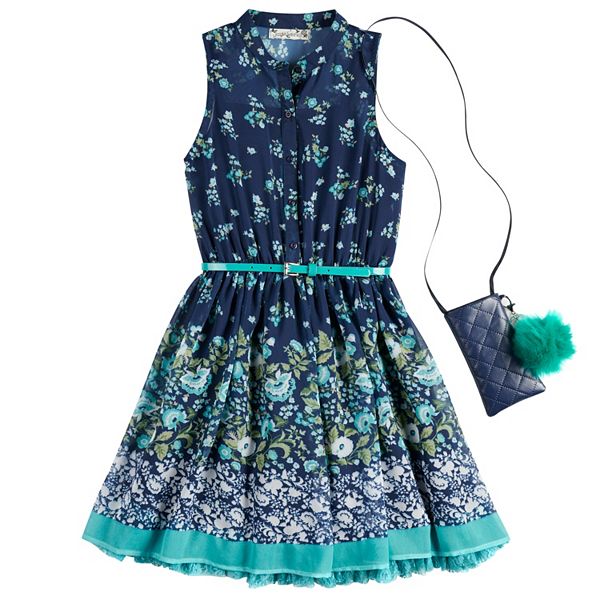 Girls 7-16 u0026 Plus Size Knitworks Floral Belted Skater Dress with Necklace u0026  Crossbody Purse