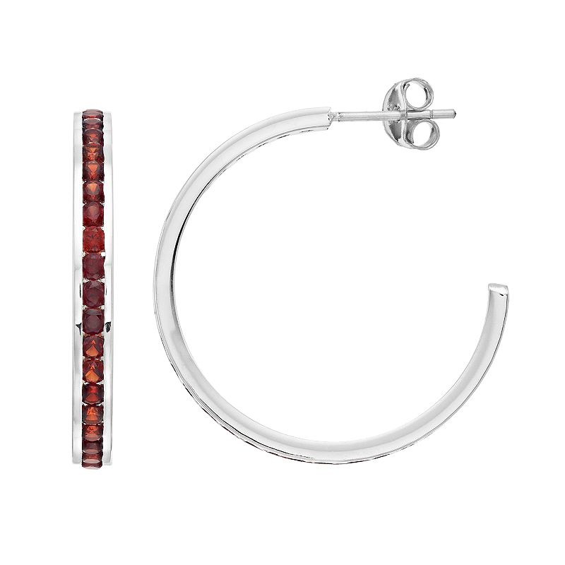 Traditions Jewelry Company Sterling Silver Channel-Set Garnet Birthstone Hoop Earrings, Women's