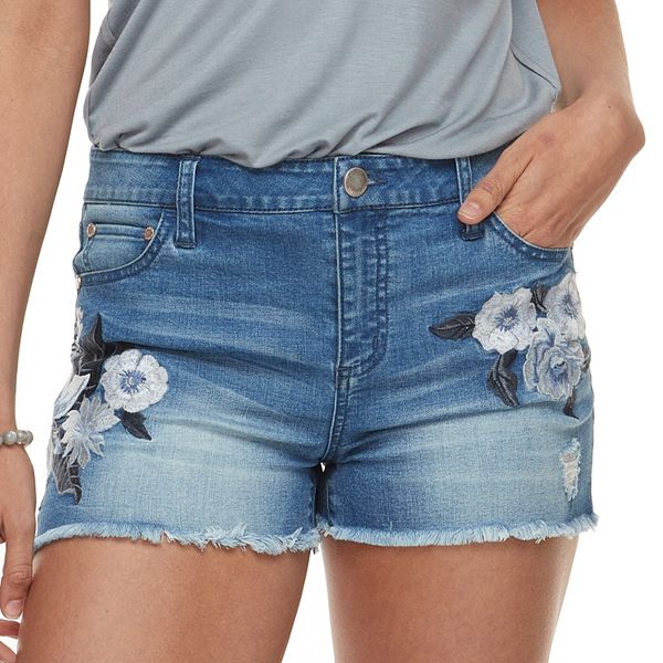 Juniors' Tinseltown Midrise Tonal Floral Embroidered Jean Shorts