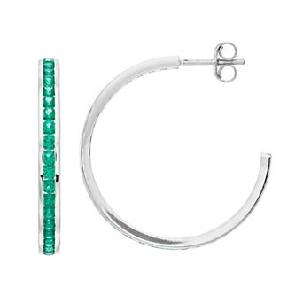 Traditions Jewelry Company Sterling Silver Channel-Set Lab-Created Emerald Birthstone Hoop Earrings