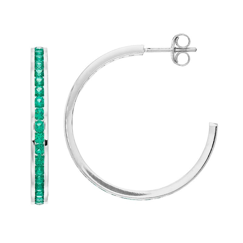 Traditions Jewelry Company Sterling Silver Channel-Set Lab-Created Emerald Birthstone Hoop Earrings, Women's