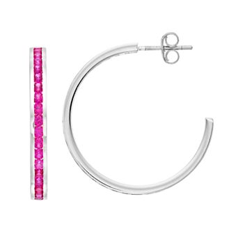 Traditions Jewelry Company Sterling Silver Channel-Set Lab-Created Ruby Birthstone Hoop Earrings
