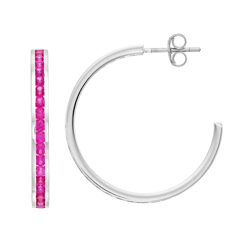 Traditions Jewelry Company Sterling Silver Channel-Set Lab-Created Ruby Birthstone Hoop Earrings, Women's
