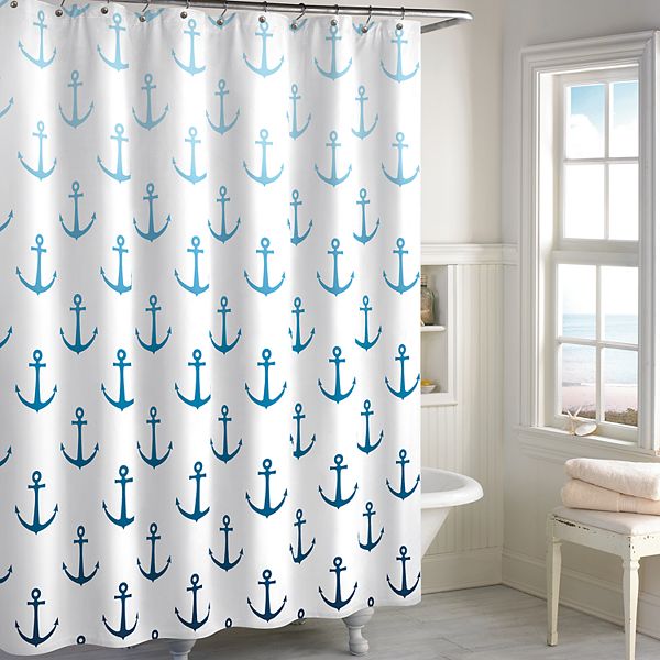 Abstract Design Anchors Sailor Blue Stripe Shower Curtain Set Bathroom Decor 72" 