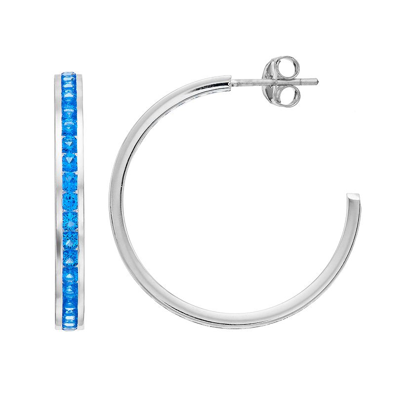 Traditions Jewelry Company Sterling Silver Channel-Set Blue Topaz Birthstone Hoop Earrings, Women's