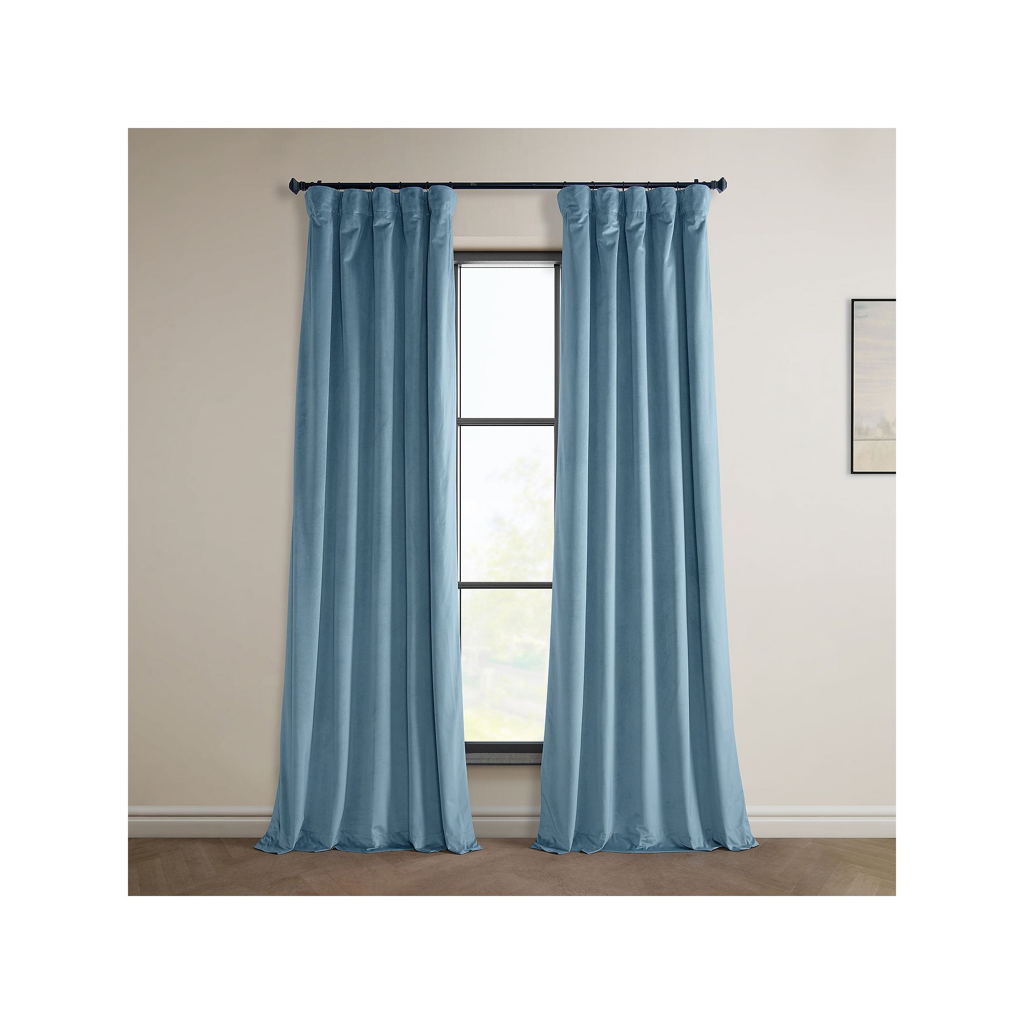 EFF Heritage Plush Velvet Room Darkening Curtain Panel, Light Blue Brown