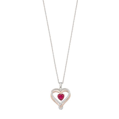 Two Tone Sterling Silver Lab-Created Ruby Heart Pendant Necklace