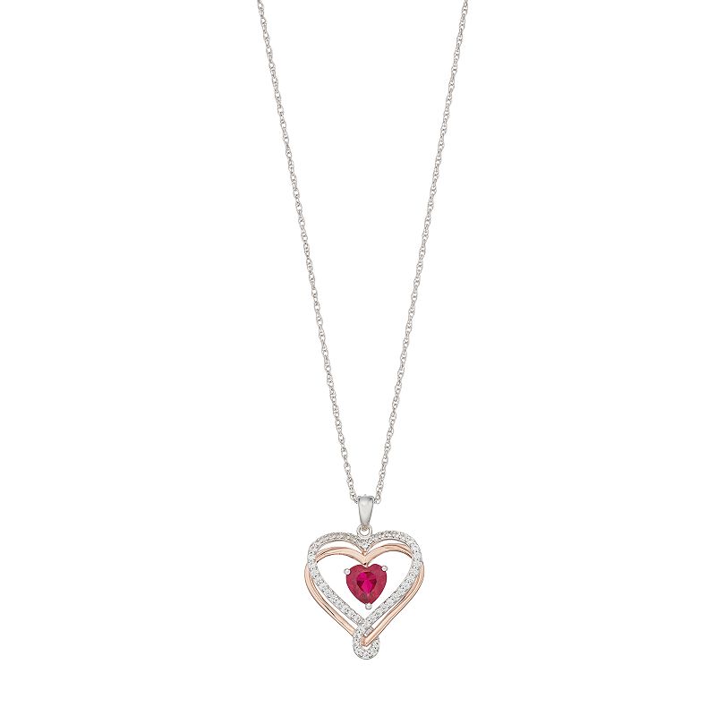 Two Tone Sterling Silver Lab-Created Ruby Heart Pendant Necklace, Womens,