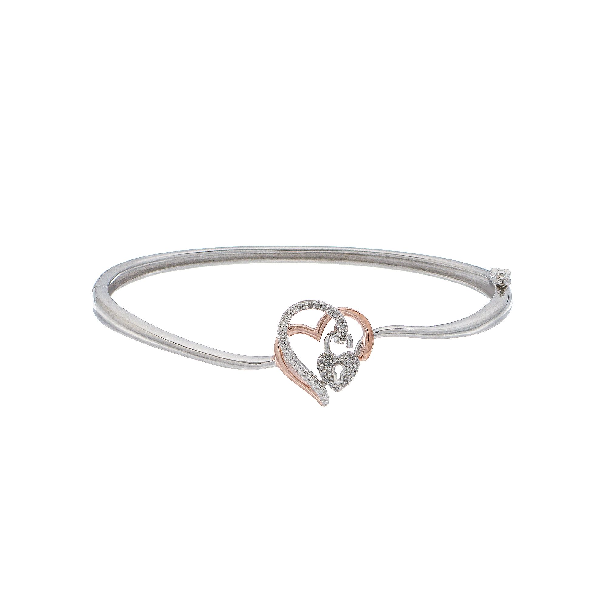 Two Tone Sterling Silver 1/10 Carat T.W. Diamond Heart & Lock Bracelet, Wom