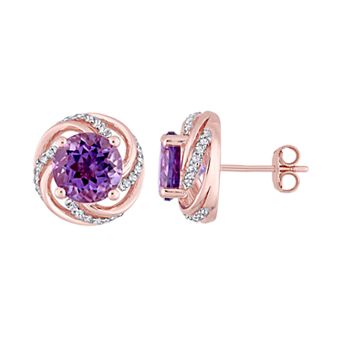 Stella Grace Rose Gold Tone Sterling Silver Amethyst & White Topaz Swirl Stud Earrings