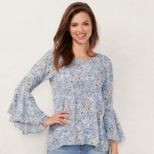 Bell Sleeve Top Fleurs Point Blue