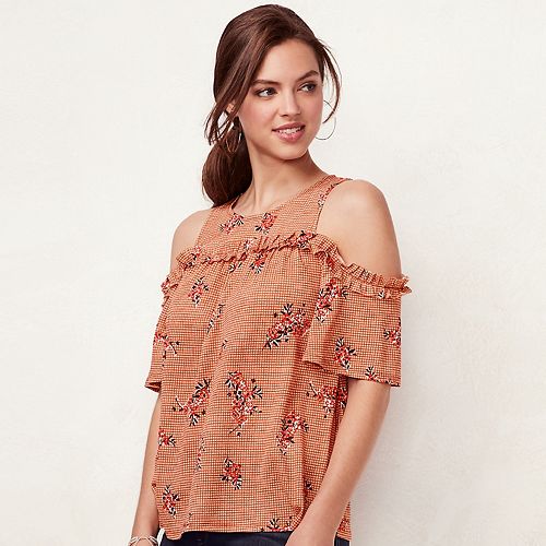 Ruffle Cold Shoulder Top Gingham Novelle Peach