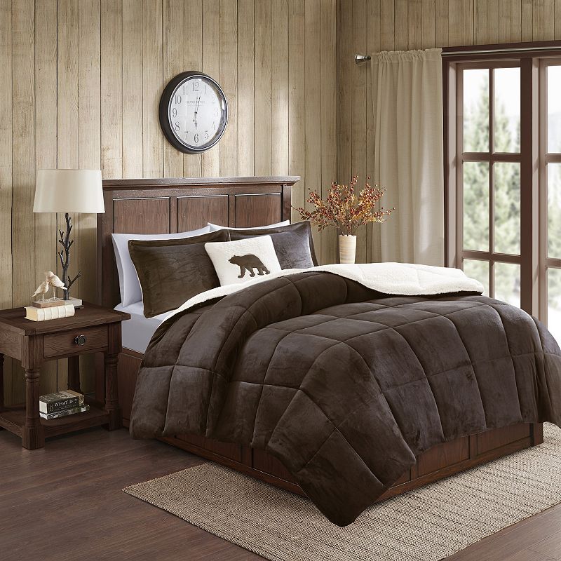 Woolrich Alton Plush to Sherpa Fleece Down Alternative Comforter Set, Brown, Full/Queen You'll adore the cozy, soft feel of this Woolrich Alton plush to sherpa fleece comforter set.Click this BED & BATH GUIDE to find the perfect fit and more!FEATURESCozy sherpa fleece reverseUltra soft plush finishHypoallergenic down-alternative fillingBox quilting keeps the filling in place, providing an even distribution of warmthTWIN 3-PIECE SETComforter: 63  x 86 Sham: 20  x 26 Decorative Pillow 18 x 18 FULL/QUEEN 4-PIECE SETComforter: 86  x 86 Two shams: 20  x 26  (each)Decorative Pillow 18 x 18 KING 4-PIECE SETComforter: 86  x 102 Two shams: 20  x 36  (each)Decorative Pillow 18 x 18 CONSTRUCTION & CAREPolyesterDown-alternative fillMachine washImportedSUSTAINABILITY FEATURES Tested for harmful substances STANDARD 100 by OEKO-TEX® CERTIFIED Certification No. SH025 186757 Testing Institute: Testex AG, Swiss Textile Testing Institutewww.oeko-tex.com/standard100 Color: Brown. Gender: unisex. Age Group: adult.