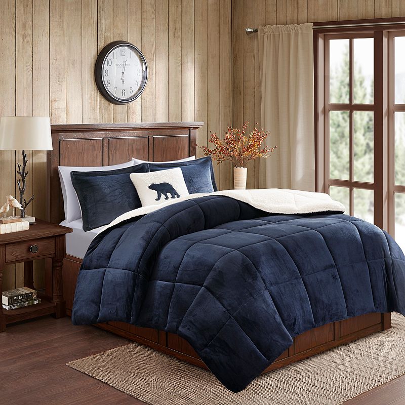 Woolrich 4pc King Alton Plush to Faux Shearling Down Alternative Reversible Comforter Set Navy/Ivory: Rustic, Hypoallergenic, Heavyweight Fabric