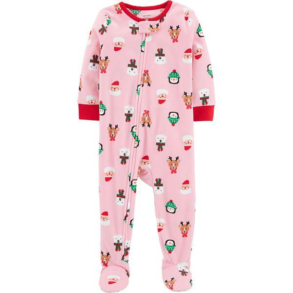 Girl's Toddler Santa and Reindeer Pink Fleece Holiday Nightgown