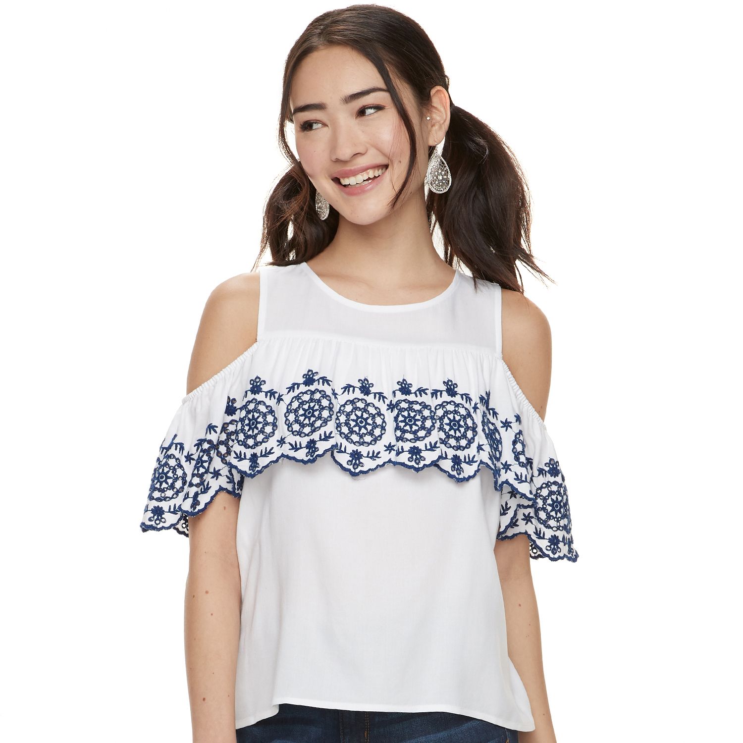 white ruffle cold shoulder top