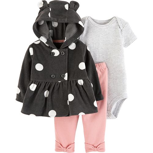 Baby Girl Carter's Dot Fleece Cardigan, Striped Bodysuit & Leggings Set