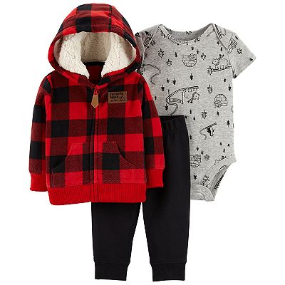 Baby Boy Carters Plaid Fleece Hoodie Snow Bodysuit  Pants Set